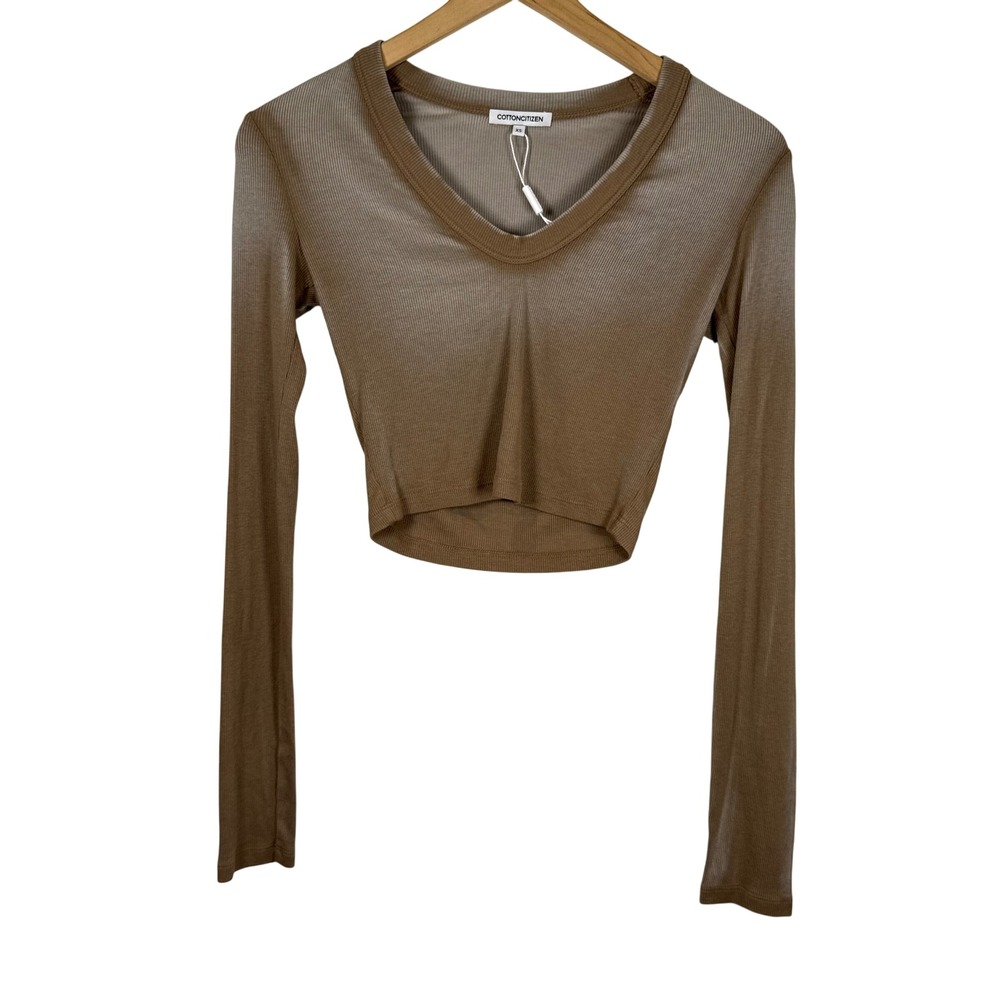 Cotton Citizen Long Sleeve Crop Top Womens XS Taupe Ombre Ribbed V-Neck NEW